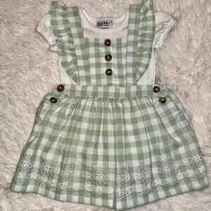 Nicole Miller Baby Girls Dress Green Gingham Ruffle Embroidered Hem Size 18M